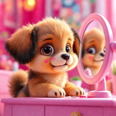 The primary subject of the image is a small brown dog sitting in front of a mirror. The dog appears to be looking at its reflection in the mirror. The setting is a pink table, and the visual style is a digital art or illustration. The colors in the image are predominantly pink, creating a warm and inviting atmosphere.
